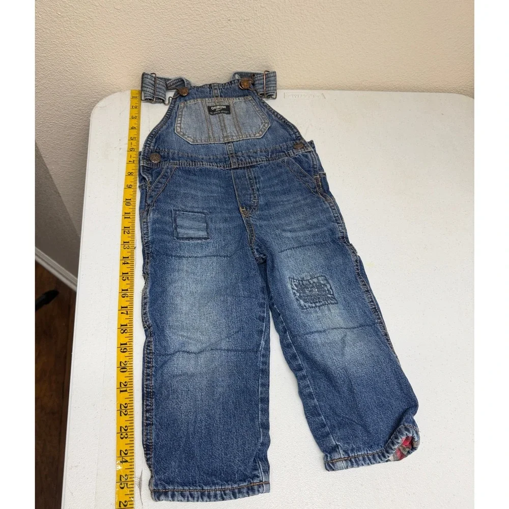 Vintage OshKosh Overalls Toddler Size 2T Flannel Lined Patchwork Denim Logo Blue